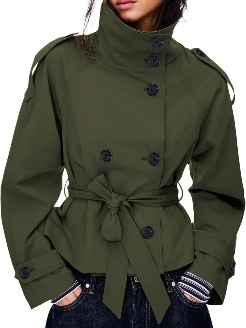 Trendy Women's Cropped Trench Coat - Double Breasted, High Collar, Belted Fall